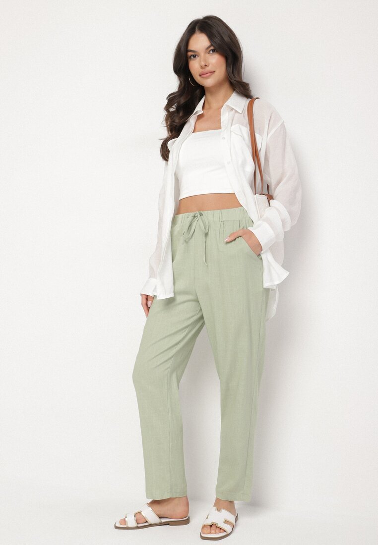 rosa Pantaloni verde deschis de bumbac cu elastic în talie și picioare drepte Olalla