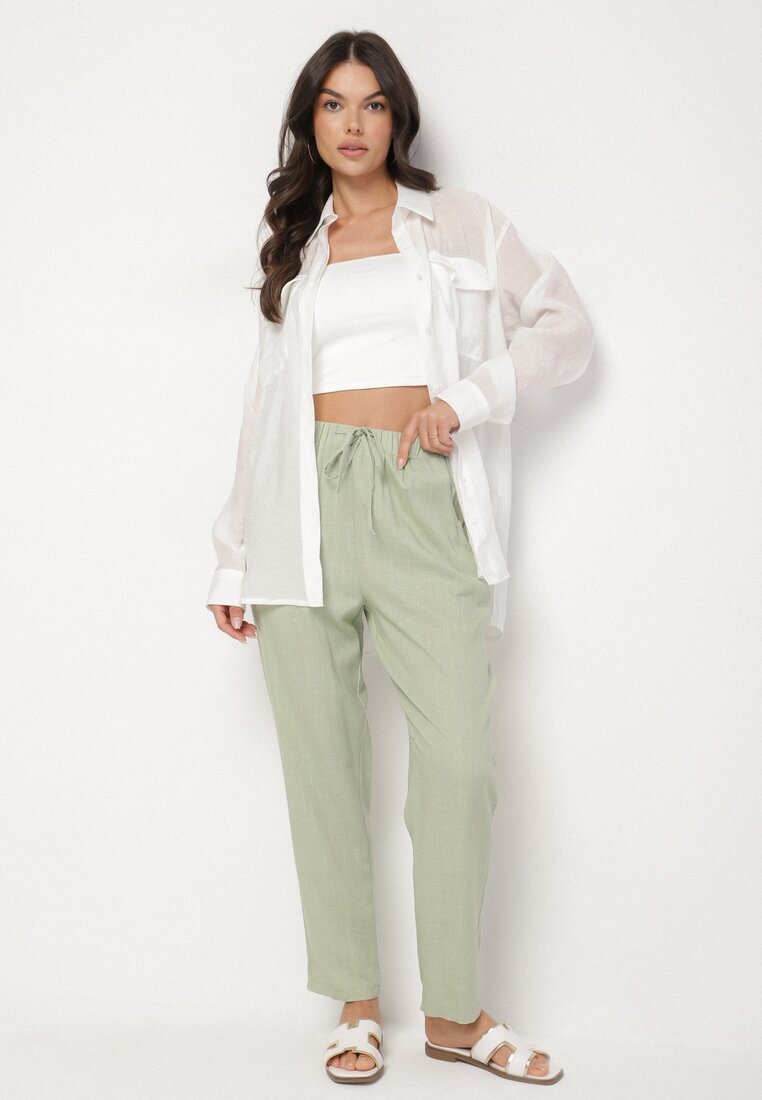 rosa Pantaloni verde deschis de bumbac cu elastic în talie și picioare drepte Olalla
