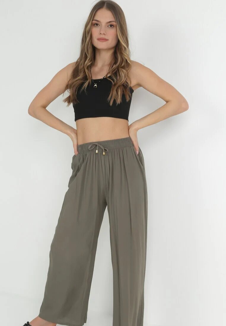 rosa Pantaloni Verde închis Simpli cu elastic în talie și cu craci largi Alathera