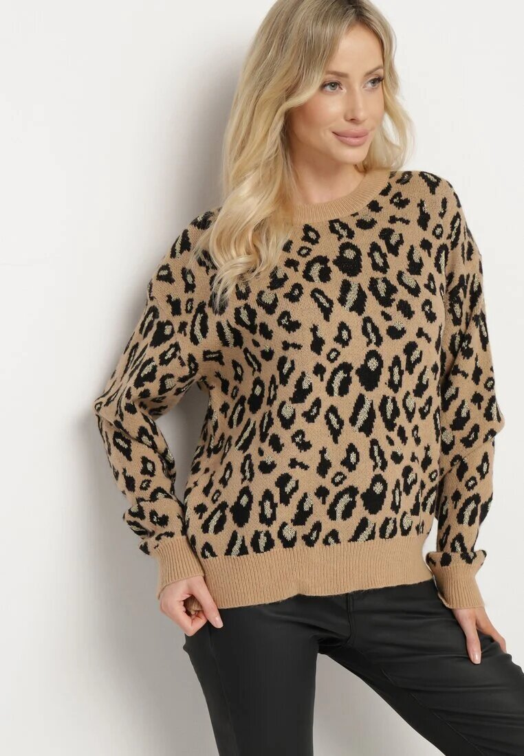 rosa Pulover Bej cu imprimeu leopard cu viscoză decorat cu fir metalic Neliona