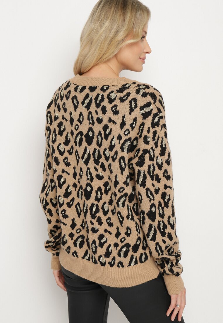 rosa Pulover Bej cu imprimeu leopard cu viscoză decorat cu fir metalic Neliona