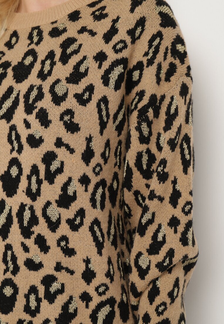 rosa Pulover Bej cu imprimeu leopard cu viscoză decorat cu fir metalic Neliona