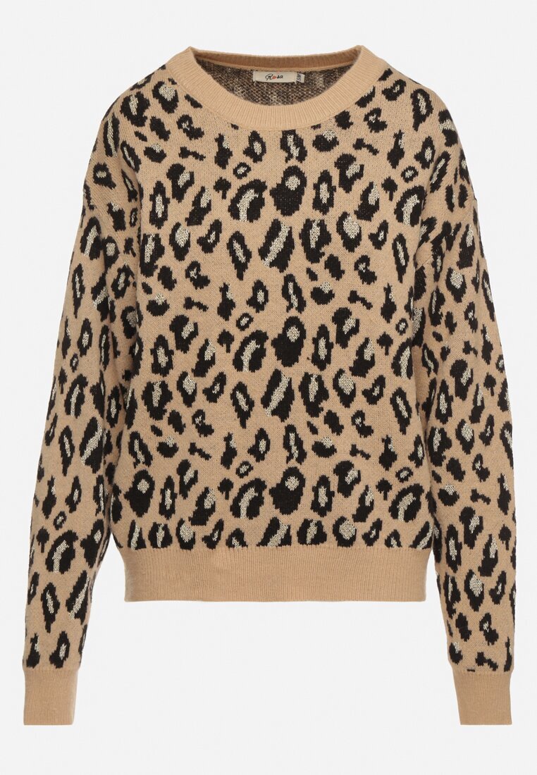 rosa Pulover Bej cu imprimeu leopard cu viscoză decorat cu fir metalic Neliona