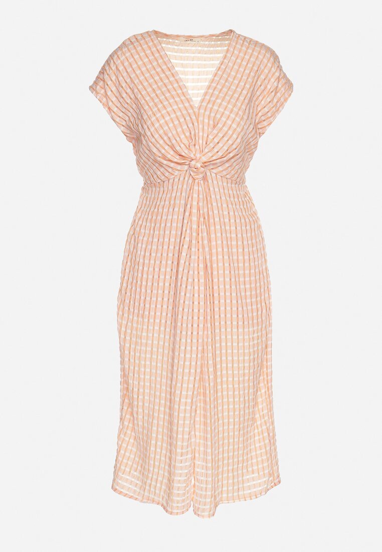 rosa Rochie Ajurată Portocalie cu Viscoză Decorată cu Volane Nelsedi
