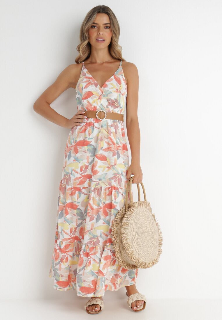 rosa Rochie Alb-Portocalie cu curea Barrett
