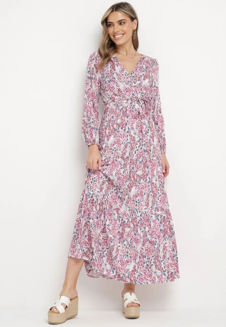 rosa Rochie Alb-Roz din viscoză cu decolteu petrecut și curea din material cu elastic în talie Fiarina