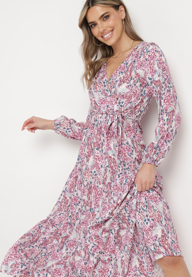 rosa Rochie Alb-Roz din viscoză cu decolteu petrecut și curea din material cu elastic în talie Fiarina
