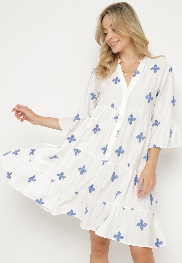 rosa Rochie Albă cu Vâscoză cu croi evazat cu broderie decorativă Arathiel