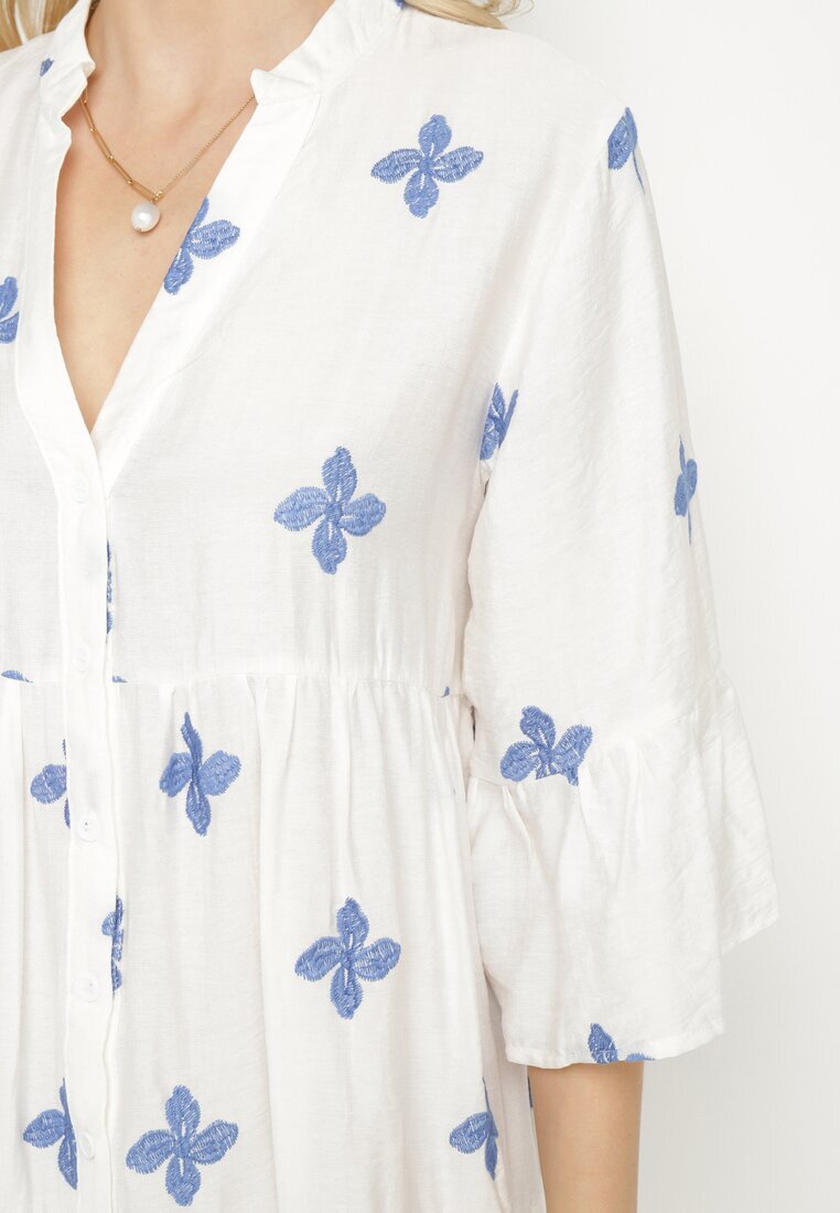 rosa Rochie Albă cu Vâscoză cu croi evazat cu broderie decorativă Arathiel