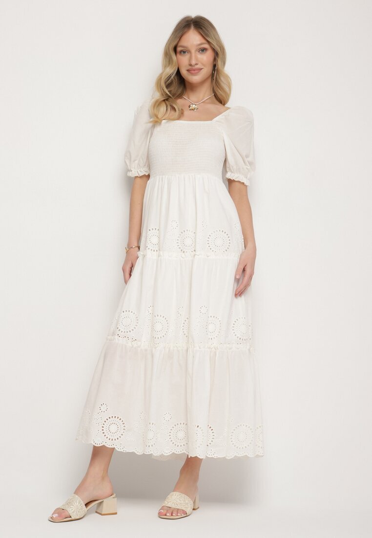 rosa Rochie Albă de Bumbac cu Model Brodat Iffanella