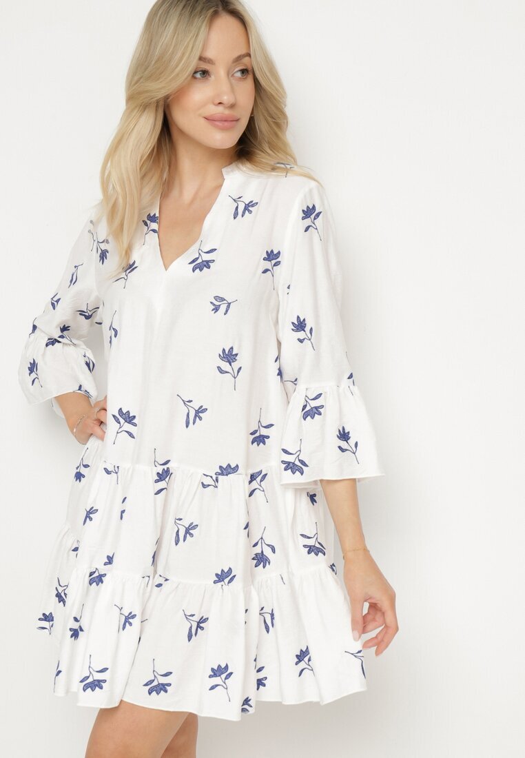 rosa Rochie Albă din Viscoză cu croială Cloș cu Broderie și Volane Axneria
