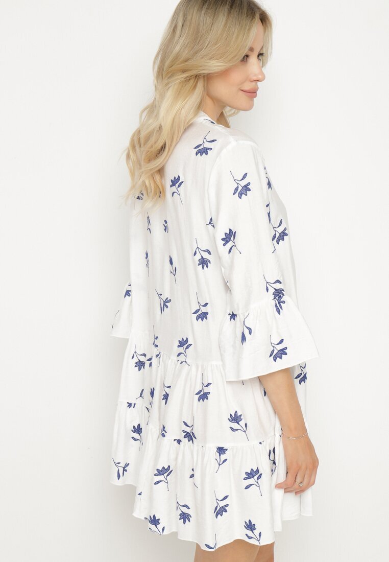 rosa Rochie Albă din Viscoză cu croială Cloș cu Broderie și Volane Axneria