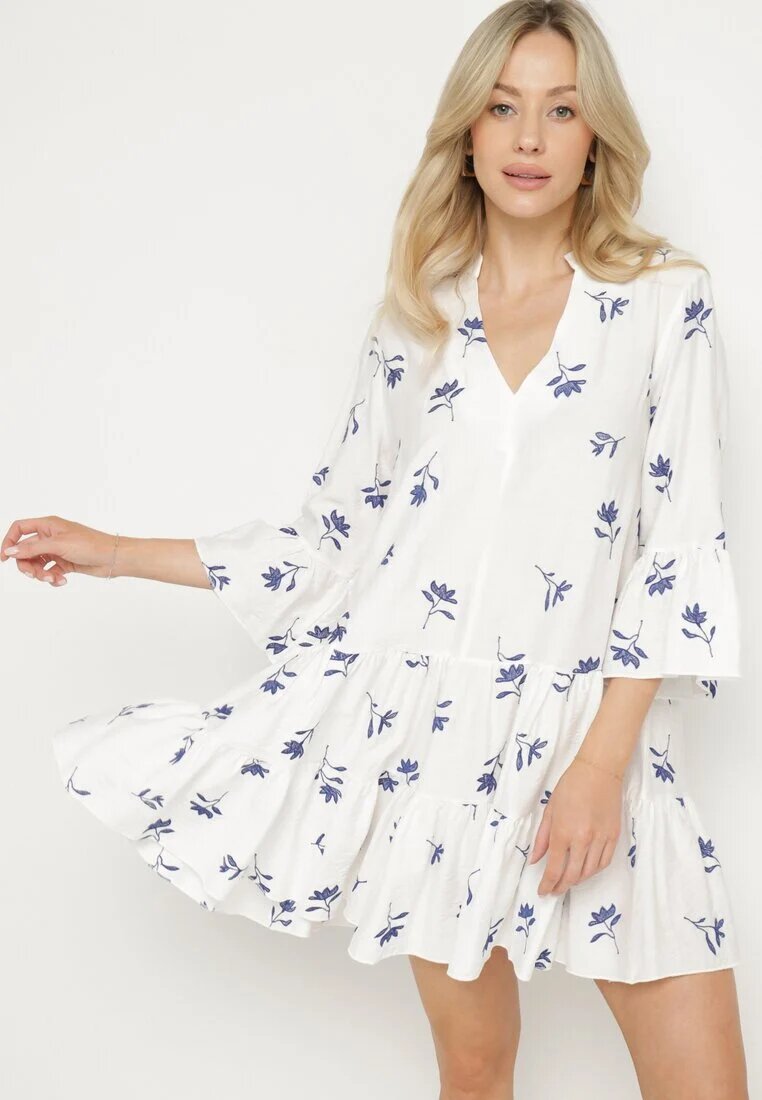 rosa Rochie Albă din Viscoză cu croială Cloș cu Broderie și Volane Axneria