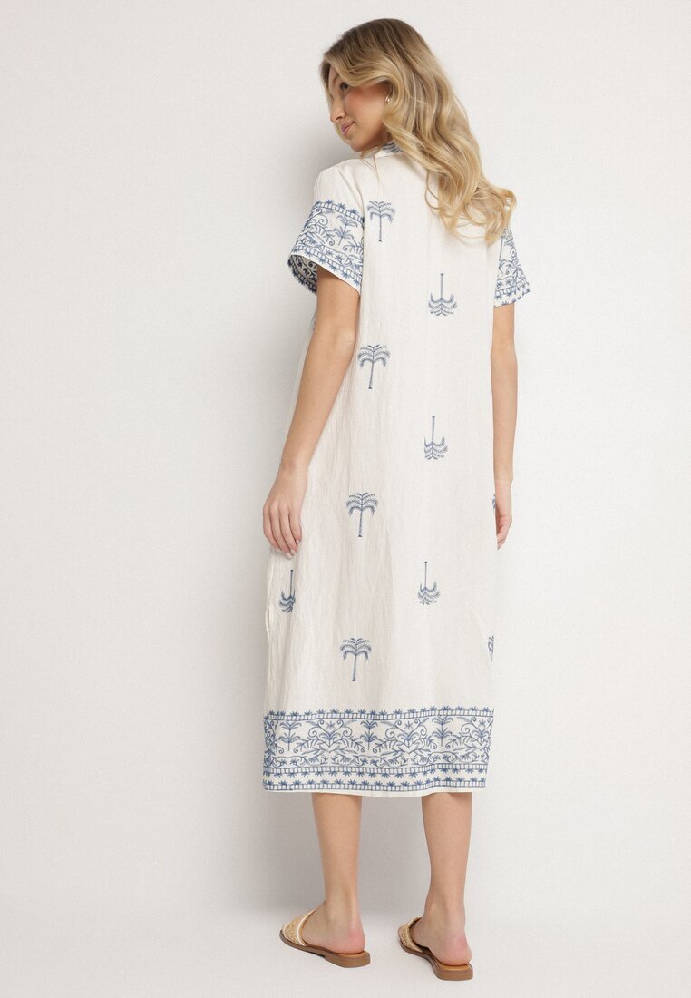 rosa Rochie Albă Dreaptă din Viscoză cu croială tip cămașă decorată cu broderie Sanori