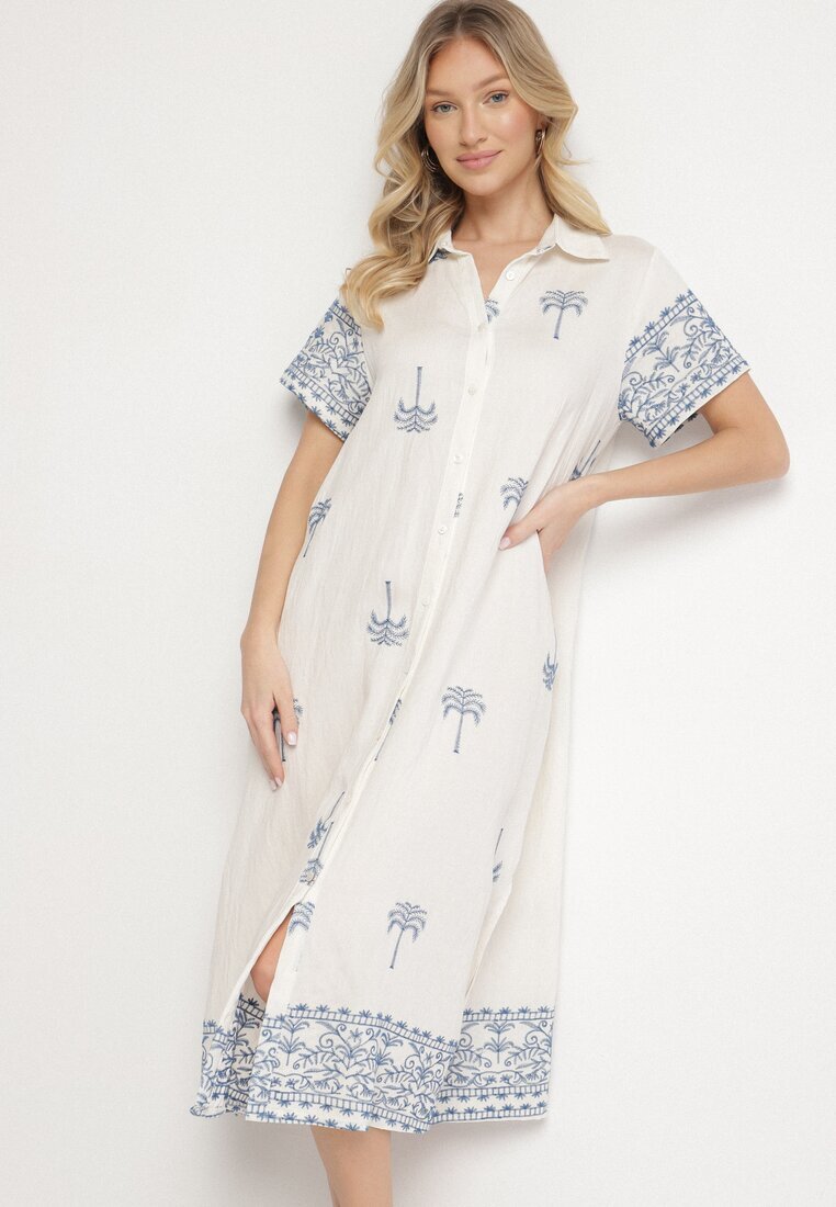 rosa Rochie Albă Dreaptă din Viscoză cu croială tip cămașă decorată cu broderie Sanori