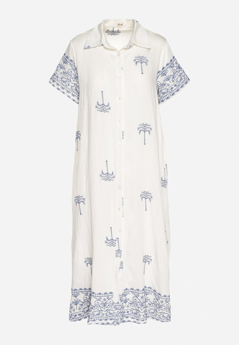 rosa Rochie Albă Dreaptă din Viscoză cu croială tip cămașă decorată cu broderie Sanori