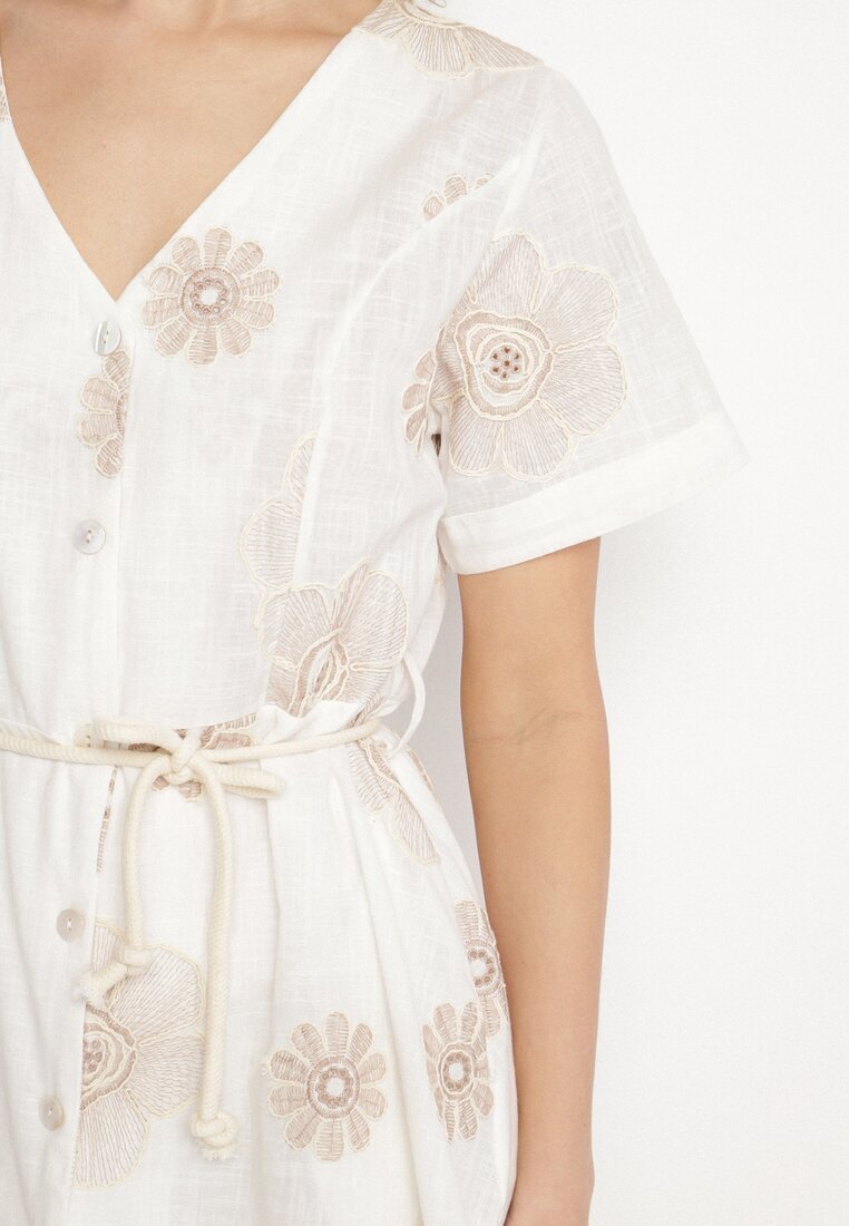 rosa Rochie Albă în Stil Boho cu Flori Brodate cu Șnur Evionis