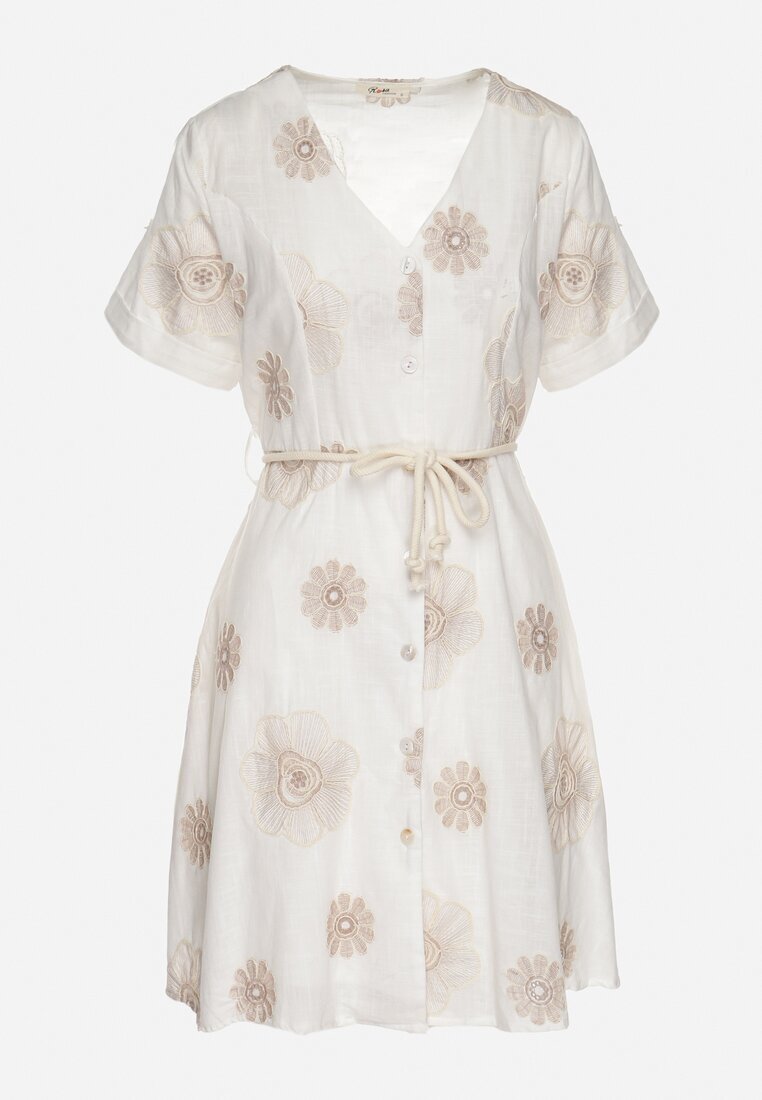 rosa Rochie Albă în Stil Boho cu Flori Brodate cu Șnur Evionis