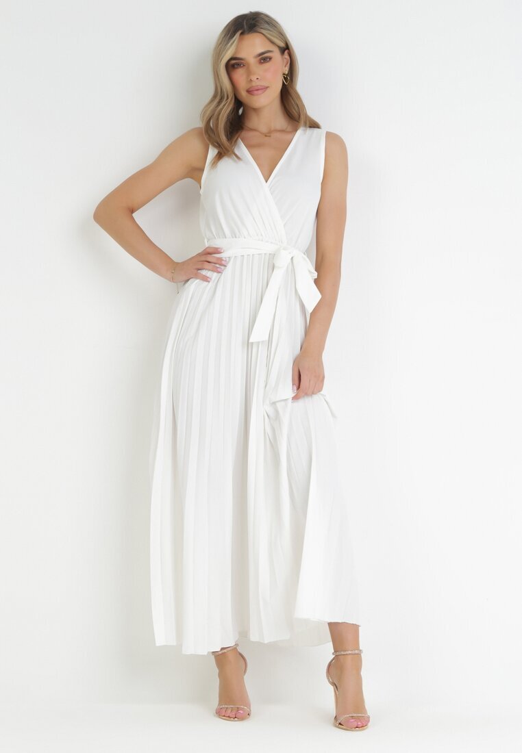 rosa Rochie Albă Plisată Maxi cu elastic în talie și curea din material Biak