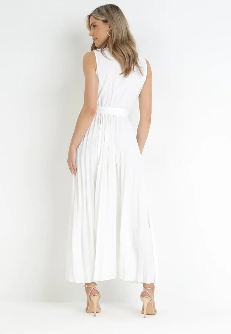 rosa Rochie Albă Plisată Maxi cu elastic în talie și curea din material Biak