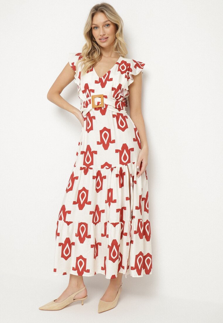 rosa Rochie Albă-Roșie din Viscoză Decorată cu Curea cu Cataramă și Model Geometric Orivana