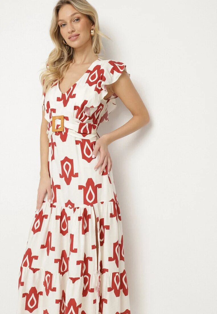 rosa Rochie Albă-Roșie din Viscoză Decorată cu Curea cu Cataramă și Model Geometric Orivana