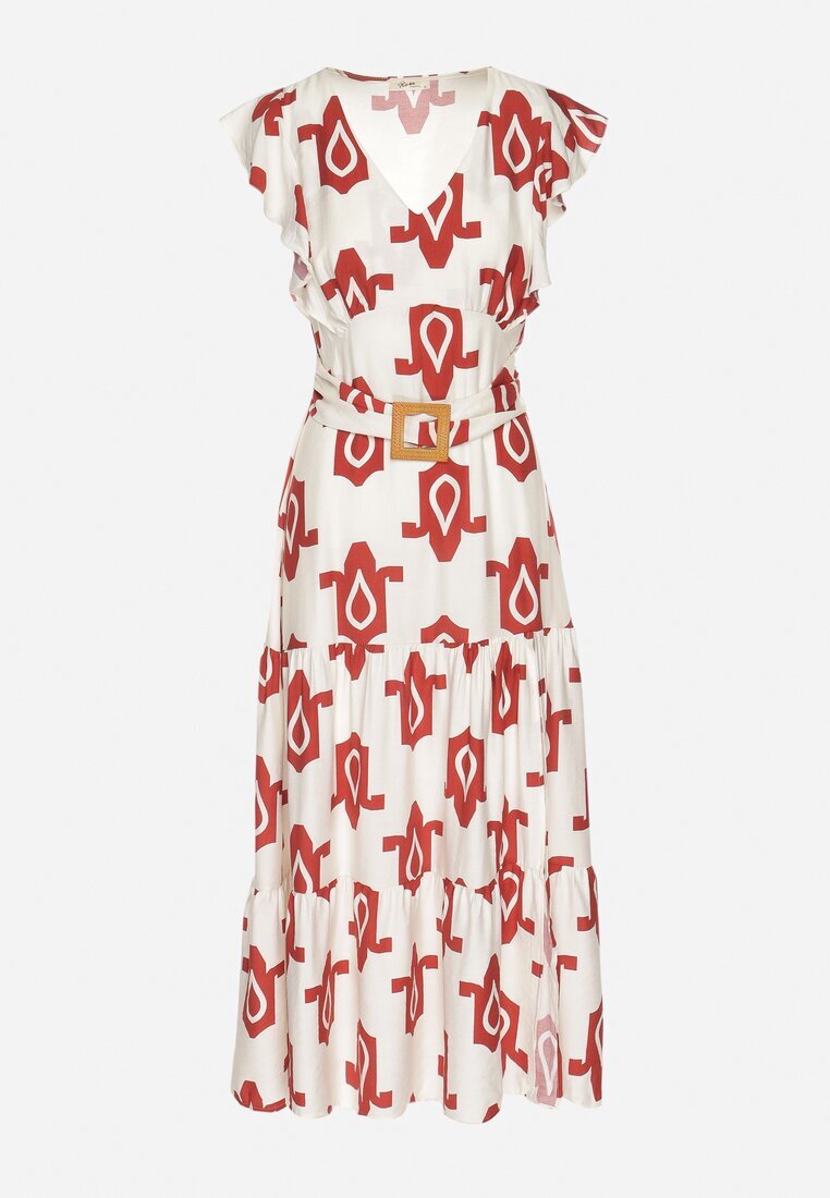 rosa Rochie Albă-Roșie din Viscoză Decorată cu Curea cu Cataramă și Model Geometric Orivana