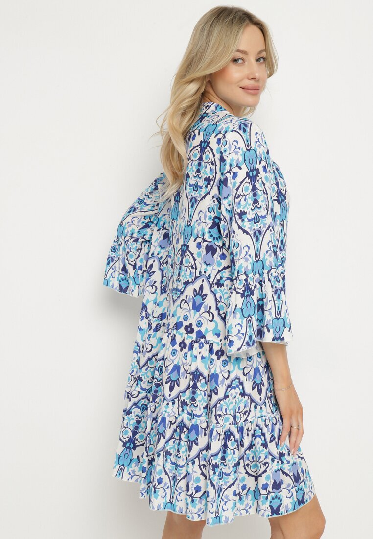 rosa Rochie Albastră Cloche din Viscoză cu Model Ornamental Ravapia