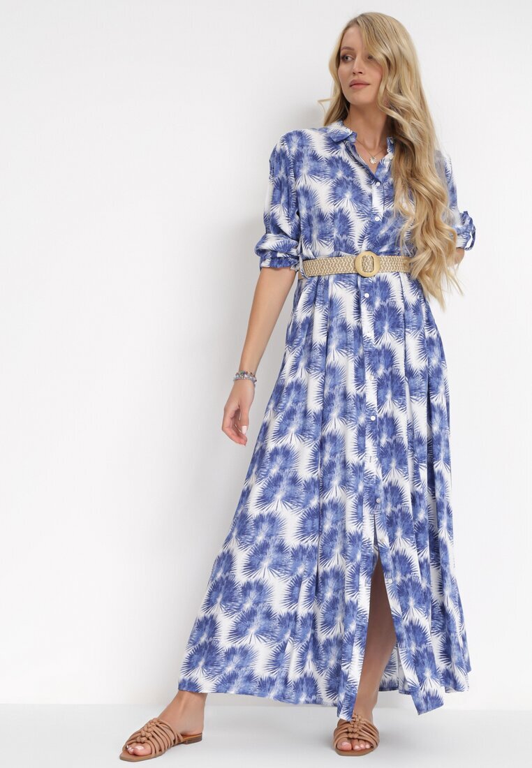 rosa Rochie Albastră Cloș Maxi cu Curea împletită și Buzunare laterale Suttyn