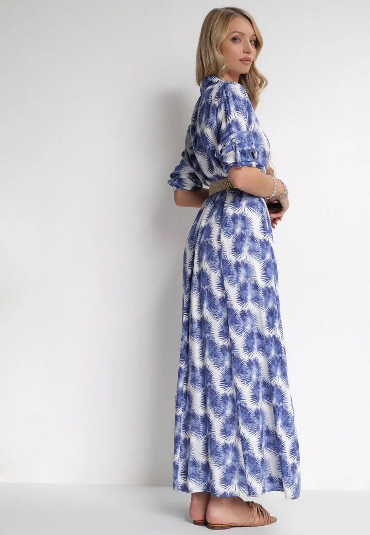 rosa Rochie Albastră Cloș Maxi cu Curea împletită și Buzunare laterale Suttyn