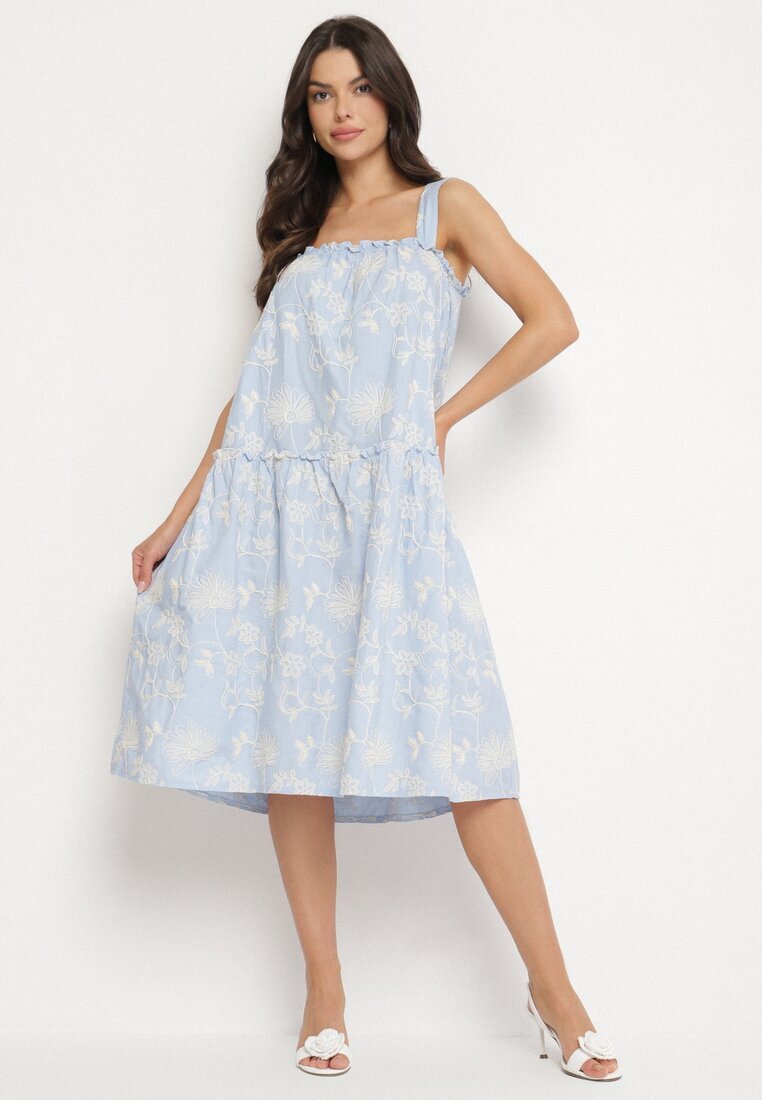 rosa Rochie albastră de bumbac florală decorată cu încrețituri Lilinoa