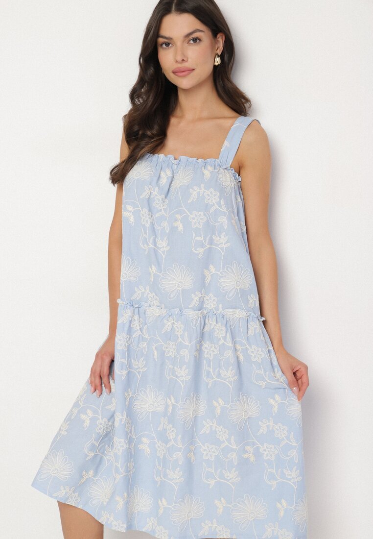 rosa Rochie albastră de bumbac florală decorată cu încrețituri Lilinoa