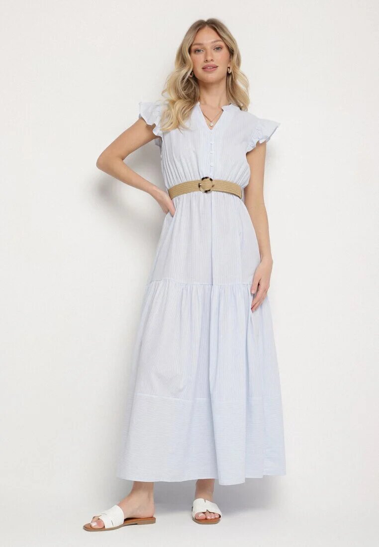 rosa Rochie albastră deschisă de bumbac Boho cu croială cloș cu centură cu cataramă Iffalisse