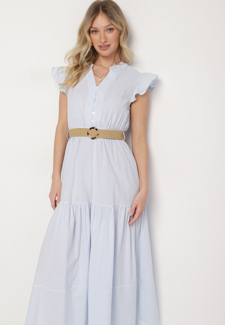 rosa Rochie albastră deschisă de bumbac Boho cu croială cloș cu centură cu cataramă Iffalisse