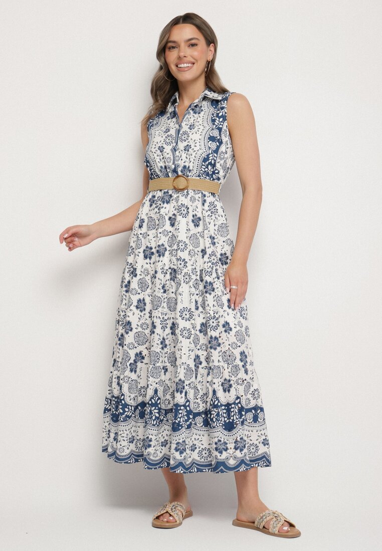 rosa Rochie Albastră din Bumbac cu Croială de Cămașă Fără Mâneci cu Centură Mirulenia