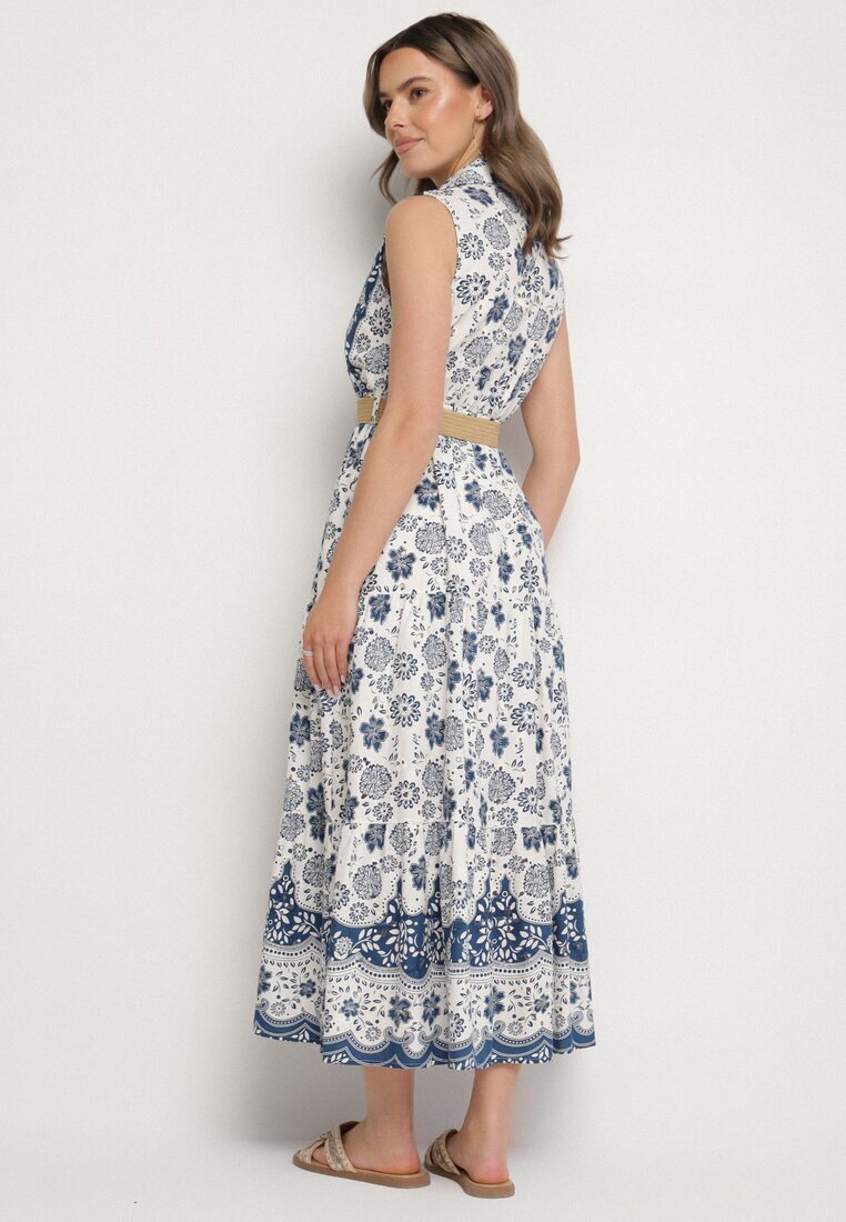 rosa Rochie Albastră din Bumbac cu Croială de Cămașă Fără Mâneci cu Centură Mirulenia