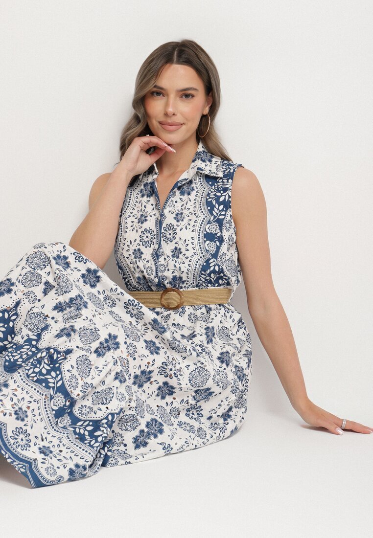 rosa Rochie Albastră din Bumbac cu Croială de Cămașă Fără Mâneci cu Centură Mirulenia