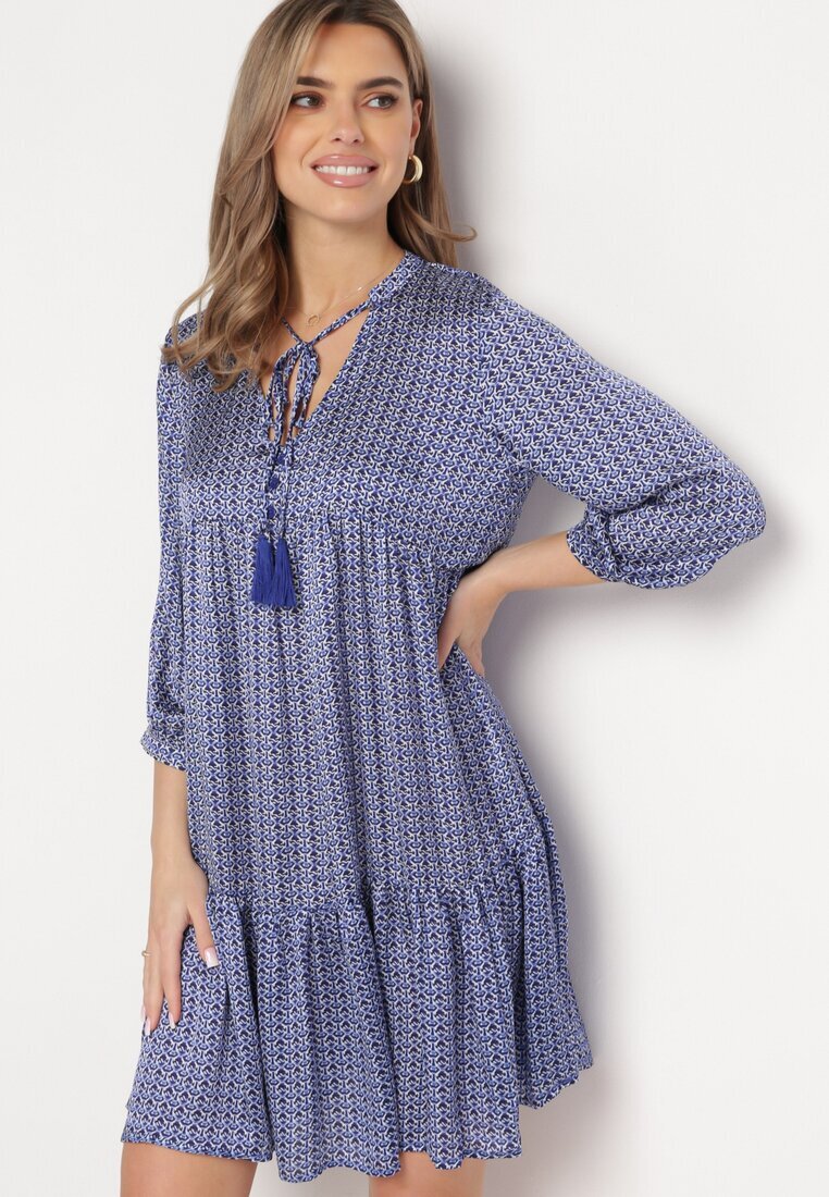 rosa Rochie Albastră Evazată Decorată Cu Ciucuri și Cu Model Mic Clemova