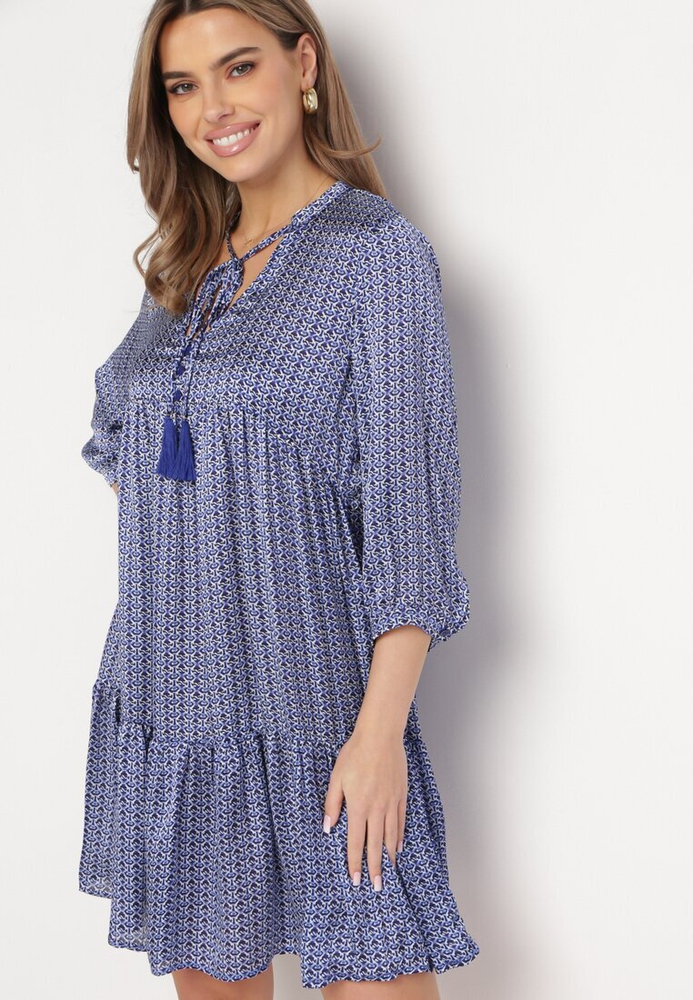 rosa Rochie Albastră Evazată Decorată Cu Ciucuri și Cu Model Mic Clemova