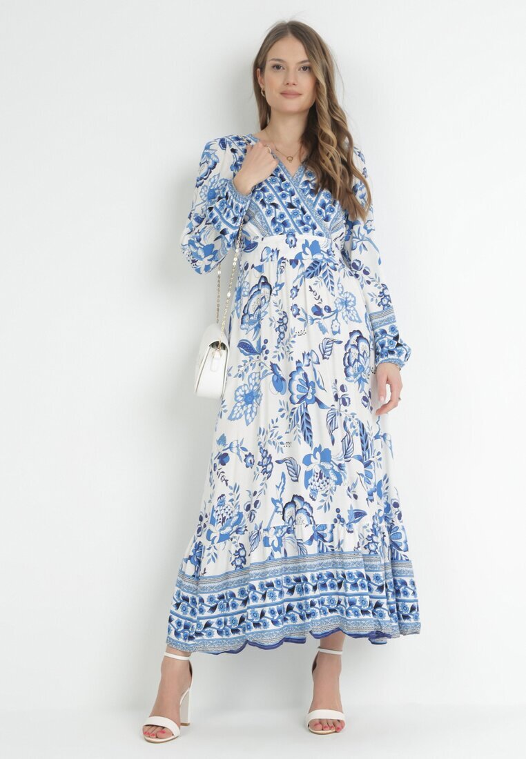 rosa Rochie Albastră Larga Maxi cu Elastic în Talie și Volan Apolla