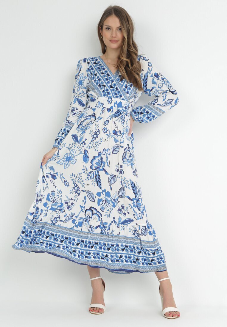 rosa Rochie Albastră Larga Maxi cu Elastic în Talie și Volan Apolla
