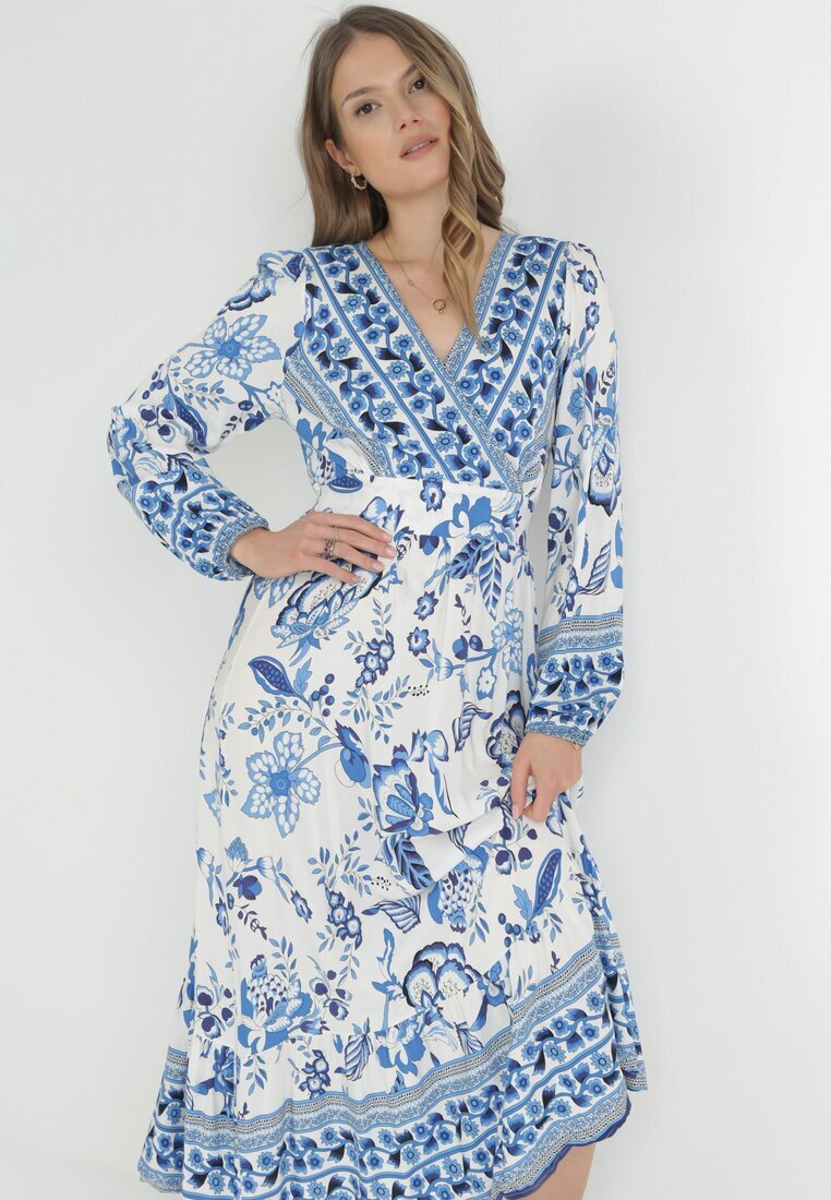 rosa Rochie Albastră Larga Maxi cu Elastic în Talie și Volan Apolla