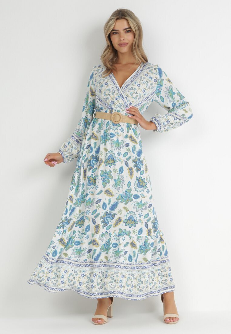 rosa Rochie albastru-albă cu flori evazată cu curea Hosifar