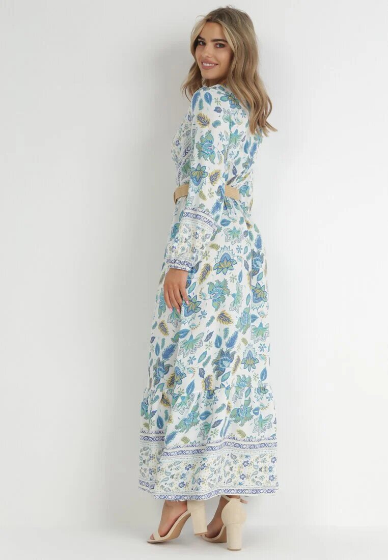 rosa Rochie albastru-albă cu flori evazată cu curea Hosifar