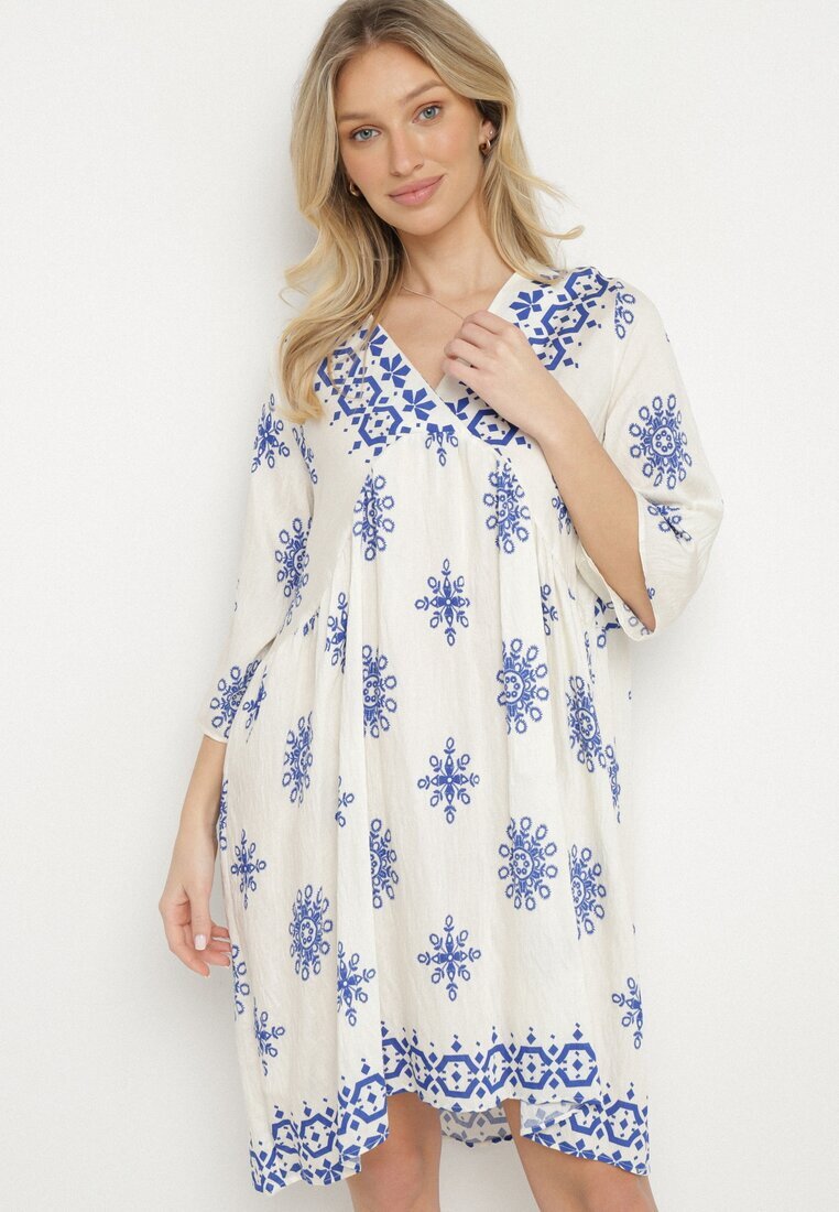 rosa Rochie Albastru-Crem în Stil Boho cu Viscoză Davivara