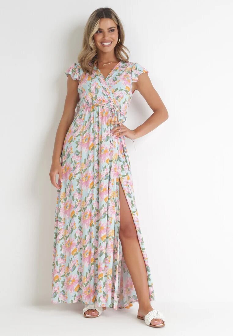 rosa Rochie albastru deschis petrecută cu elastic în talie cu flori Pive