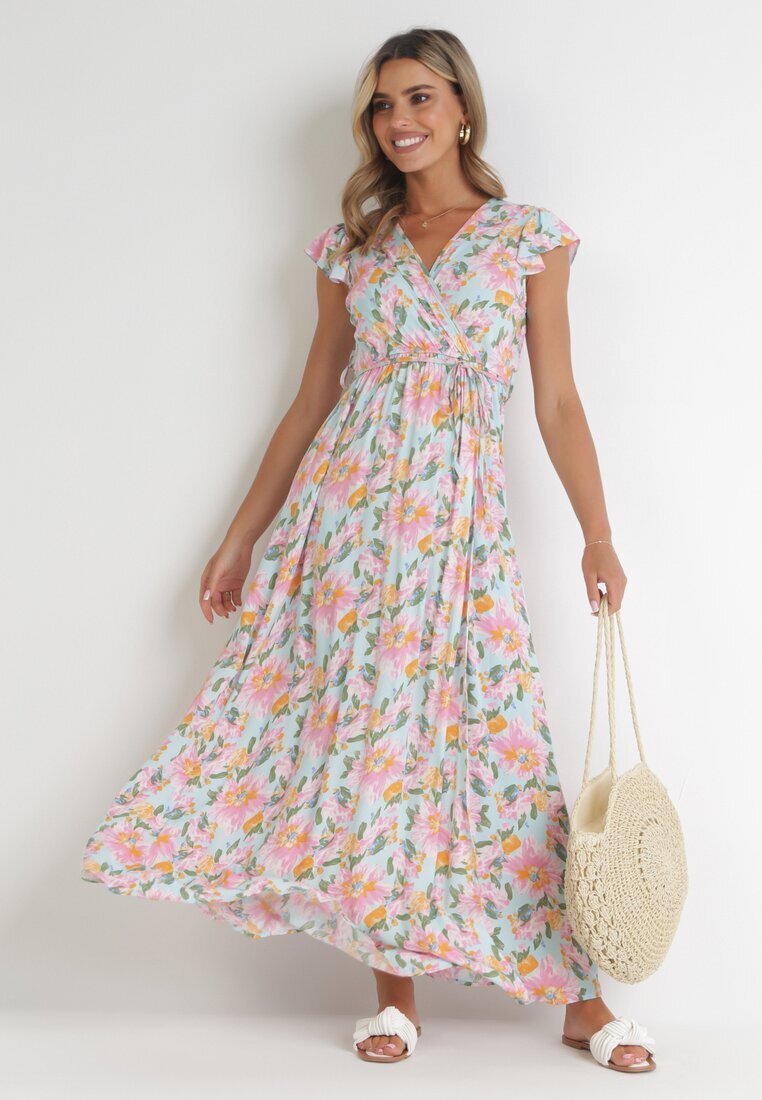 rosa Rochie albastru deschis petrecută cu elastic în talie cu flori Pive