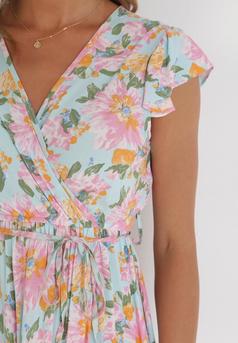 rosa Rochie albastru deschis petrecută cu elastic în talie cu flori Pive