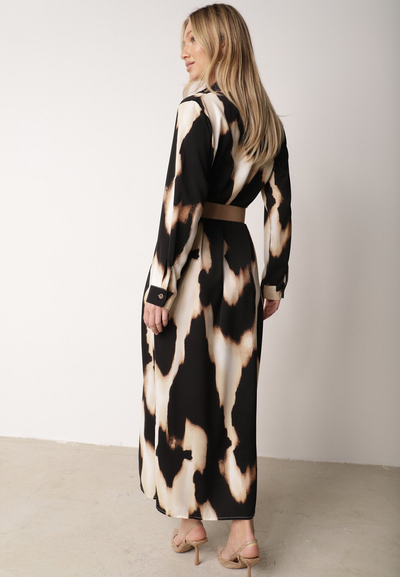 rosa Rochie Bej cu Negru Imprimeu Leopard Stil Cămașă cu Cordon Elastic Tinellea