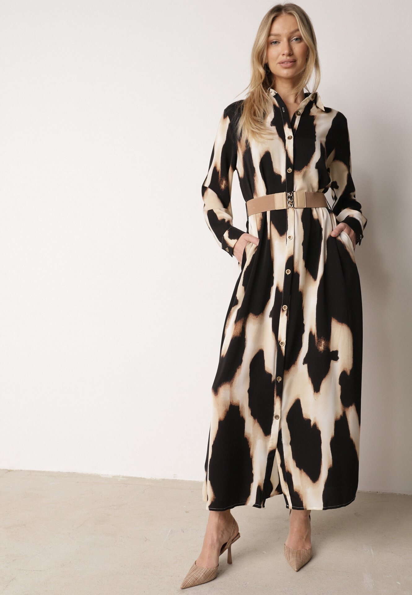 rosa Rochie Bej cu Negru Imprimeu Leopard Stil Cămașă cu Cordon Elastic Tinellea